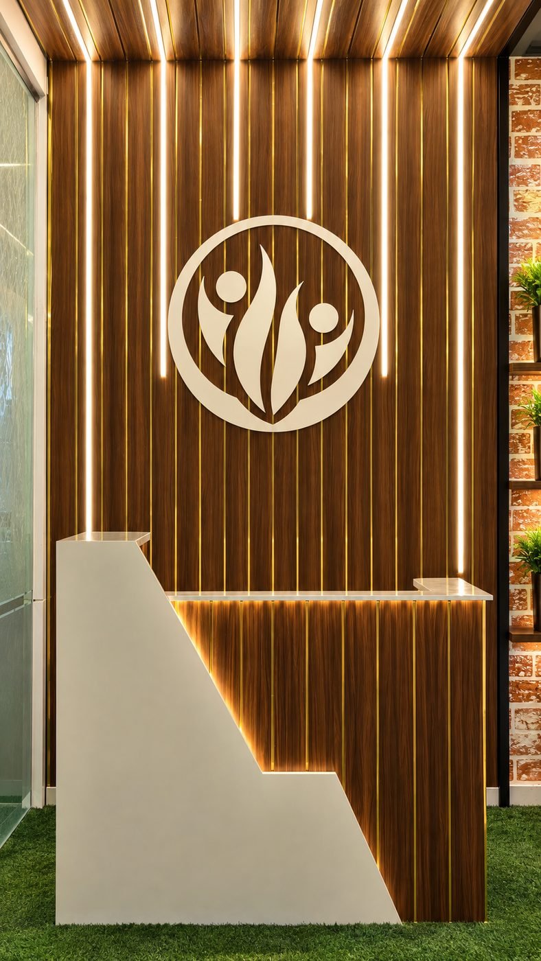 The Rejoice mark on a backlit wall