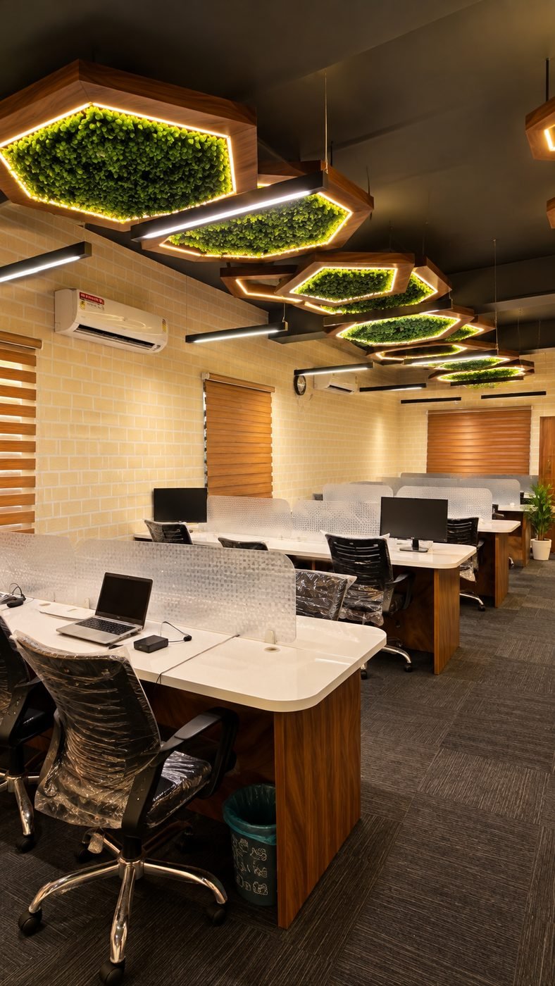 Workstations under hexagonal moss lights